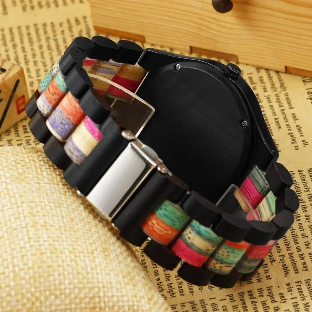 Mens Black Colorful Handmade Colorful Bamboo Engraved Analog Quartz Wooden Watch